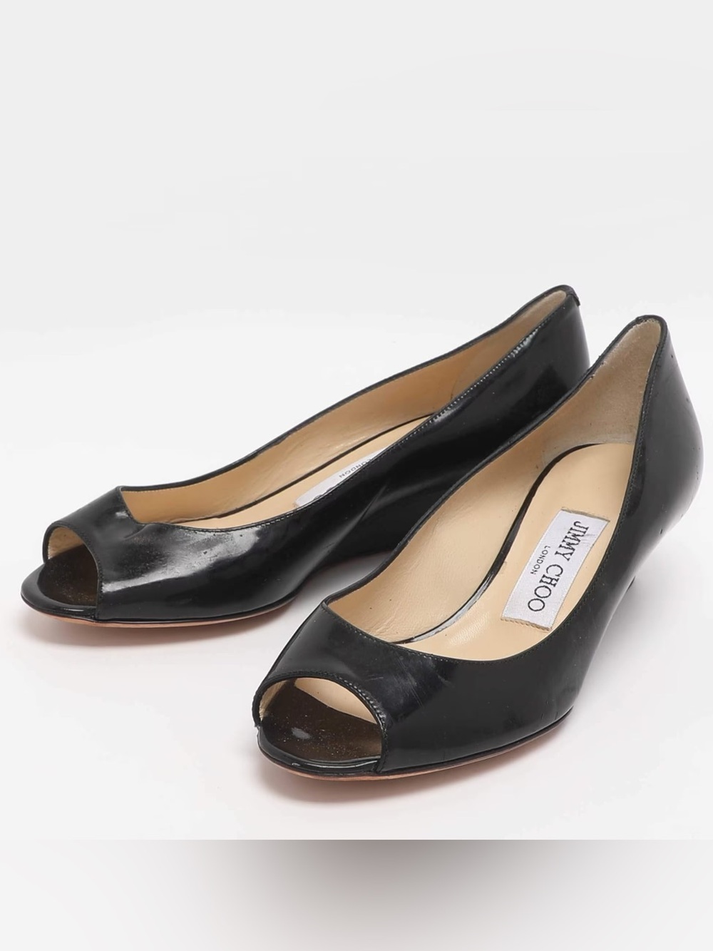 Jimmy Choo Black Patent Peep Toe Wedge Pumps Size 38